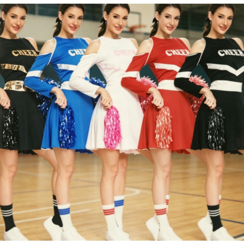 Cheerleading Pom Pom - ヨーロッパ系アメリカ人のチアリーダーコスチューム、女性用ポンポン＆クロップトップ、試合日スピリットウェア、ハロウィンコスプレ、パフォーマンス衣装