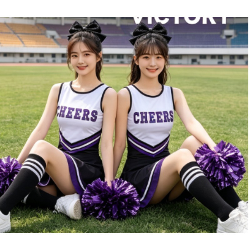 チアリーディングダンス衣装セット 女性用 4点セット リボン - Cheerleading Pom Pom のレビューと価格